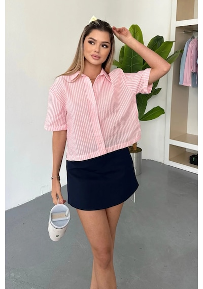 Jee Lee Kadın Kısa Kollu Çizgili Gömlek Pembe - 26y 2124 Pembe