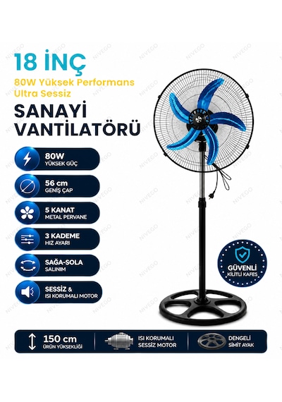 Nvg 18 İnç Sanayi Tipi Vantilatör 80w Güçlü Sessiz Ayaklı Fan 5 Kanat 3 Kademeli 56cm Geniş Çap Pervane