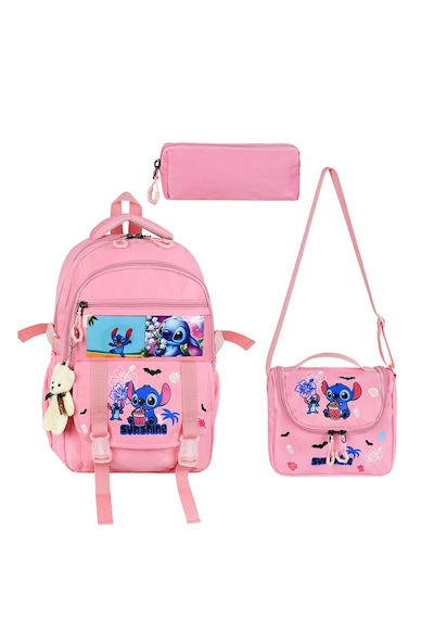 Stitch Baskılı Ortopedik Aksesuarlı Anahtarlıklı Okul Çantası Termal Beslenme Ve Kalemlikli Set Pembe