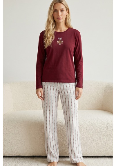 Siyah İnci Nakışlı Pamuklu Likralı Örme Pijama Takım26240345 Bordo