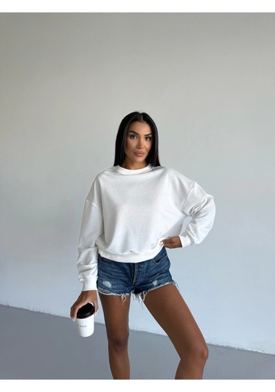 Kadın Beyaz Bisiklet Yaka 2 İplik Sweatshirt Hzl25w-fry123391 Beyaz