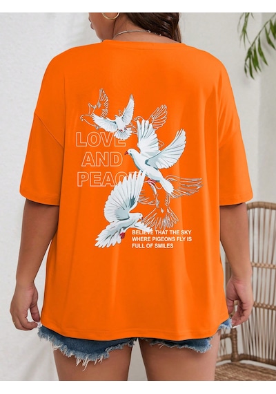Uyguntarz Love And Peace Baskılı Unisex Oversize Tshirt Turuncu