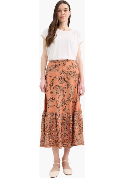 DeFacto Regular Fit Esnek Belli Desenli Midi Etek F1158AX25SMOG327 Turuncu