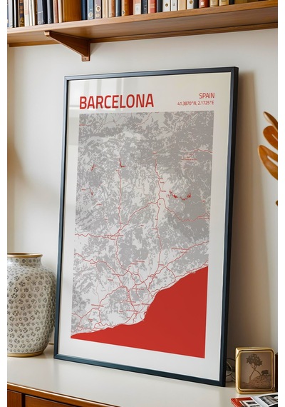 Barselona İspanya Spain Haritası Çerçeveli Tablo Lüks Salon Ofis Duvar Dekorasyonu Hediyelik Tablo