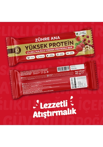 Çilekli Kajulu Yüksek Proteinli Bar, Şeker İlavesiz 40 Gr X 12 Adet