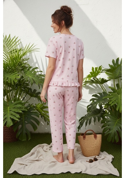 Siyah İnci Bürümcük-krınkıl Kısa Kollu Düğmeli Örme Pijama Takım 26120526 Pembe