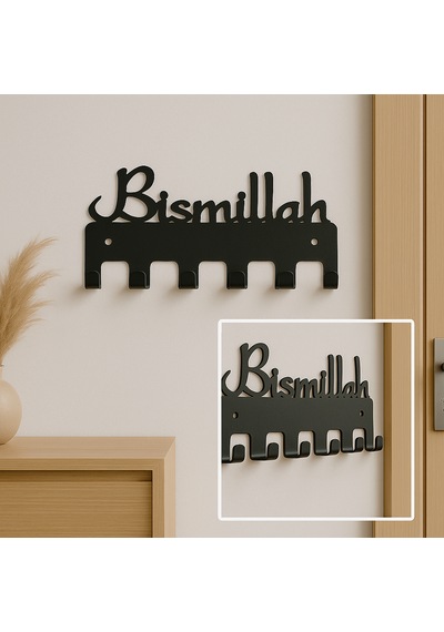 Lunoart Bismillah Yazılı Metal Anahtarlık Askılığı Siyah 6 Askılı Modern Duvar Dekoru Siyah