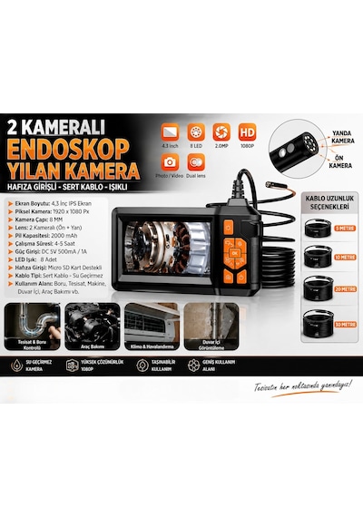 20 Metre Endoskop Ekranlı Yılan Kamera 8mm 1080p Sert Kablo