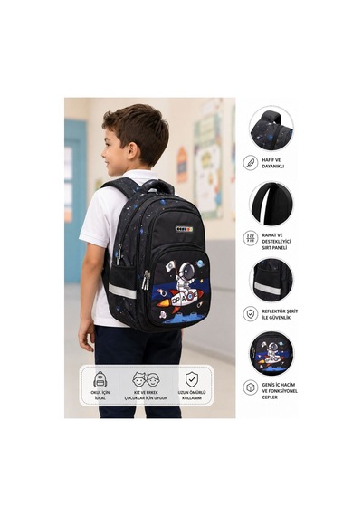 Kids Astronot Galakside İlkokul Çantası 41 Cm Su Geçirmez Okula Dönüş Siyah
