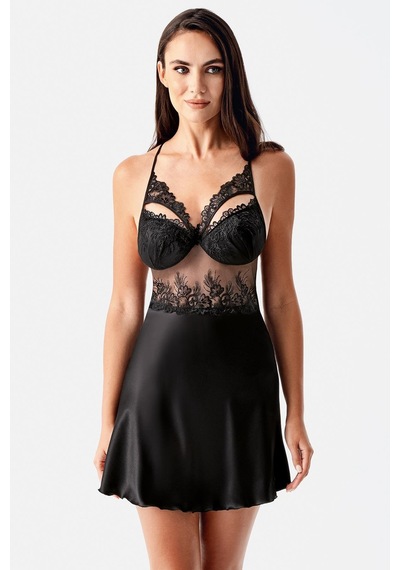 İmaj 104 Siyah Renk Saten İspanyol Kol 2li Gecelik Takım Siyah