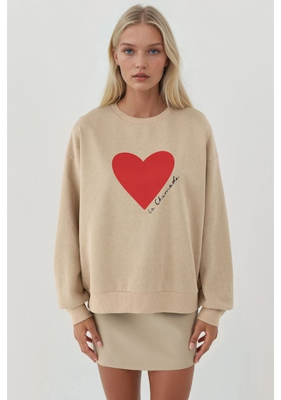 Hiccup Baskılı Yuvarlak Yaka Sweatshirt Bej Doğal
