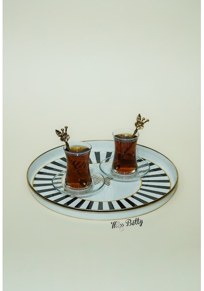 Papillon Emaye Çay Tepsisi Dekoratif Vintage Servis Tepsisi Siyah - Beyaz