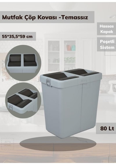 Çöp Kovası Bas Çek Mutfak Banyo Çöp Kutusu Gri 80 Litre Gri