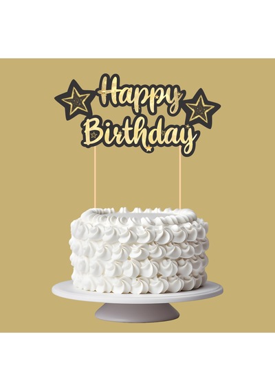 Siyah Altın Yıldız Temalı Happy Birthday Kaligrafi Pasta Üstü Süs Tüm Yaşlar