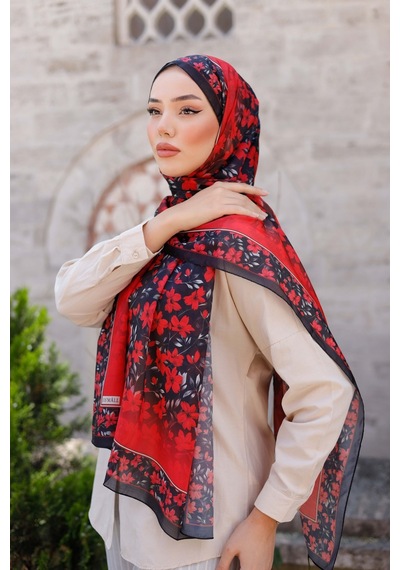 Mimiyum Lemon Flower Nayf İpek Şal - Kırmızı - Siyah