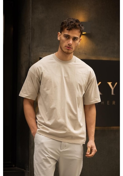 Gravel Oversize Bisiklet Yaka Pamuklu T-shirt - Bej Bej