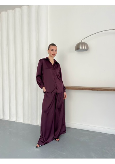 Verymoda Yüksek Bel Bol Paça Saten Pantolon Şık Ve Rahat Tasarım F2052 Mürdüm