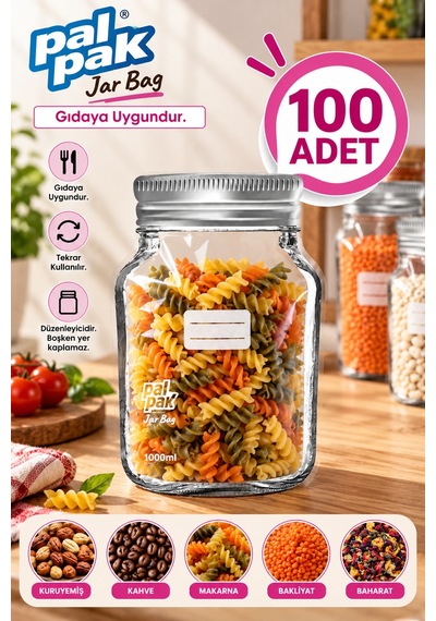 Büyük Boy Gümüş Metal Kapaklı Kavanoz Görünümlü Saklama Poşeti 17x27 Cm-1000 Ml 100 Adet Şeffaf