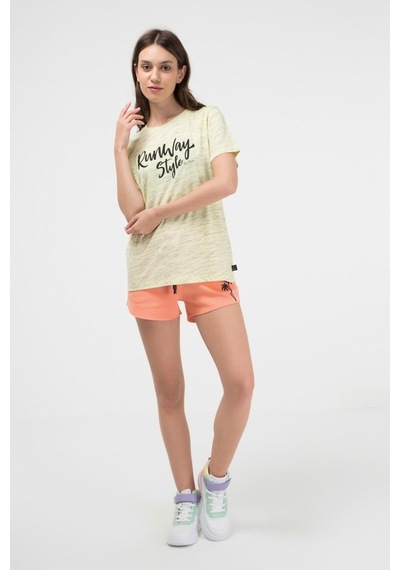 Brz Collection Sarı Renk Siyah Kırçıllı Kadın Kısa Kollu T-Shirt Sarı