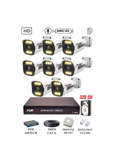 Fury 8 Kameralı Ip Güvenlik Kamerası Seti Sesli 4mp Gece Renkli Su Geçirmez 1506s 320gb