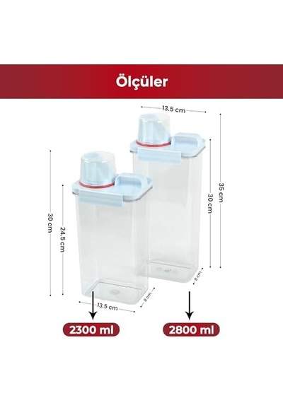 Pikas 2'li Büyük Boy Saklama Kabı Ölçekli Kapak, Sızdırmaz Erzak Bakliyat Ve Deterjan İçin Çok Amaçlı Set