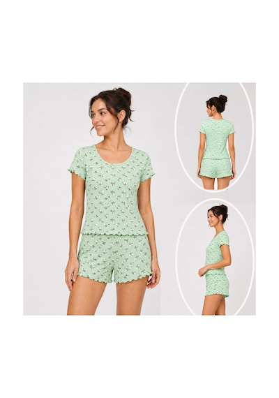 Bonbon Kadın Bohçalık Çeyizlik Hediyelik Pointel Kumaş Şort Kısa Kol Tshirt Ve Bralet 3'lü Pijama Takım Bb2414 Yeşil