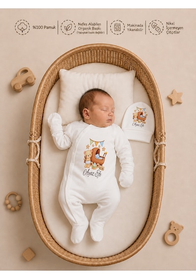 Pia Baby İsme Özel Erkek Bebek 4 Parça Tulum Seti %100 Pamuk Organik Baskılı Battaniyeli 2018bt0x Krem