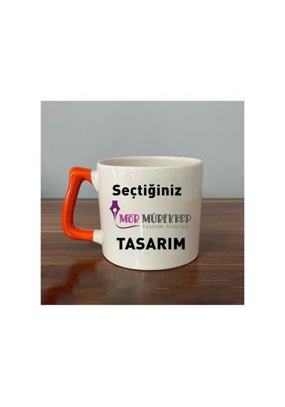 Seçtiğin Tasarım & Isim Baskılı Mavi Kulplu Prime Kupa Bardak Fincan Mug Prime Kupa - Turuncu Kulp