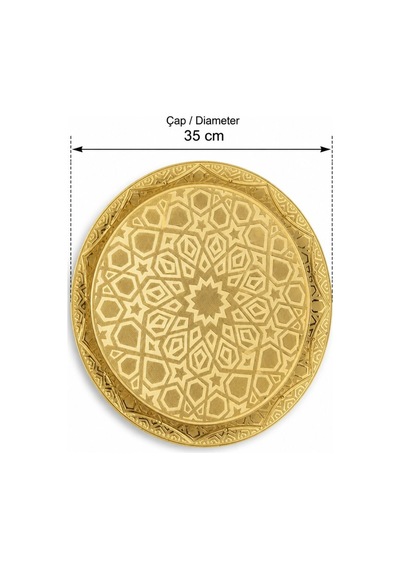 Selçuklu Motifi Zamak Metal Yuvarlak Lüks Servis-tepsisi - 35 Cm gold