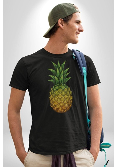 Ananas Meyve Unisex Unisex Siyah Organik Baskılı T-shirt Penye Yüksek Kalite Siyah