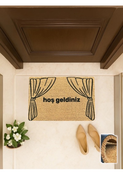 Rideau 40x60 Cm, Perde Mağazası Kapı Önü Koko Paspası Ev Tekstili Temalı, Kaymaz Taban Açık Kahverengi