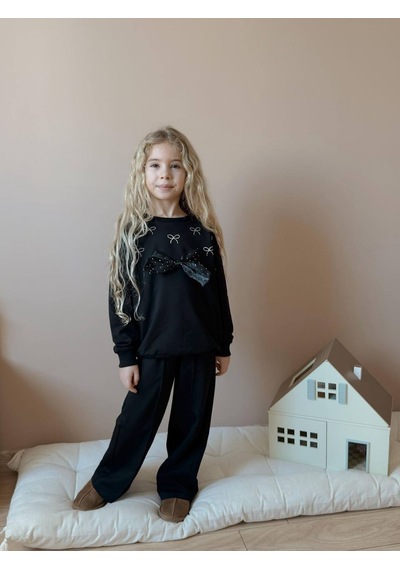 Miniko Kids Kız Çocuk Bayramlık Fiyonk Modelli Taşlı 2li Pamuk Takım Siyah
