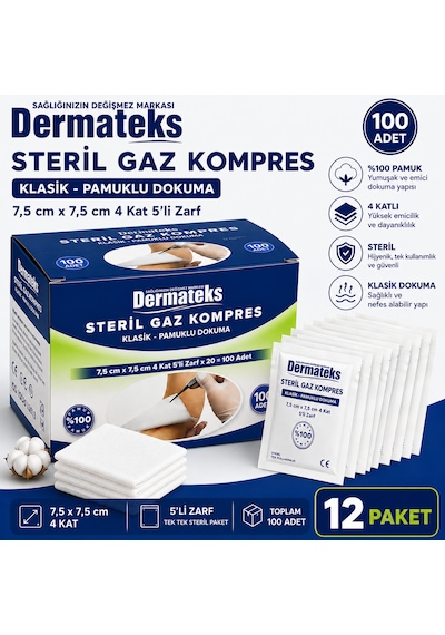 Dermateks Steril Kompres 7,5 7,5cm 4 Kat 5'li Zarf 12 Paket
