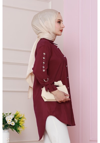 Sevitli Kolu Çakım Detaylı Tunik-bordo-4727 Bordo