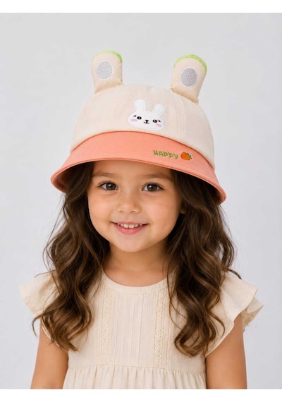 Kız Çocuk Tavşan Kulaklı Bej Şapka Yazlık Güneş Koruyucu Bucket Hat Bej