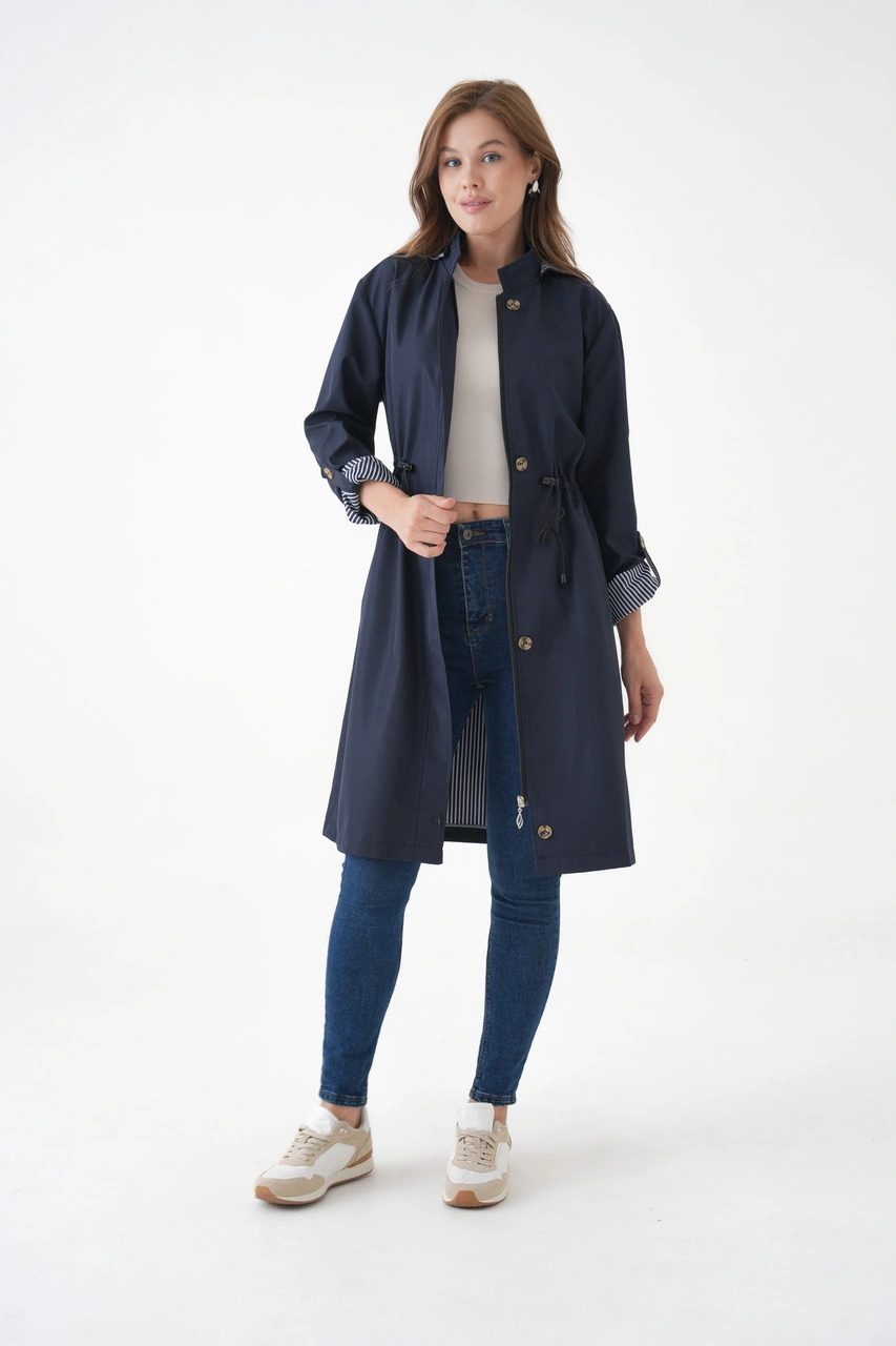 Ayşo Clothes Kadın Rüzgar Ve Su Geçirmez Bondit Kumaş Çıkarılabilir Düğmeli Kapüşon Beli Tünelli Mevsimlik Trençkot Lacivert Ayşo Clothes Kadın Rüzgar Ve Su Geçirmez Bondit Kumaş Çıkarılabilir Düğmeli Kapüşon Beli Tünelli Mevsimlik Trençkot Lacivert