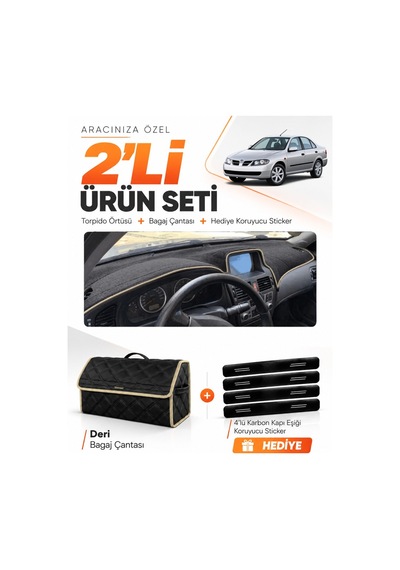Nissan Almera Ekranlı 2000-2006 Uyumlu Torpido Örtüsü + Deri Bagaj Çantası + Sticker - Siyah Bej
