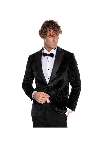Simli Slim Fit Kadife Siyah Erkek Smokin Ceket - Wessi Siyah