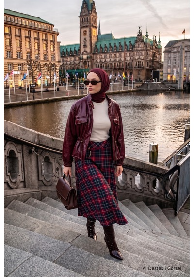 Avenna Yüksek Bel Ekose Desenli Uzun Etek 92 Cm Boy Bordo 26kt112