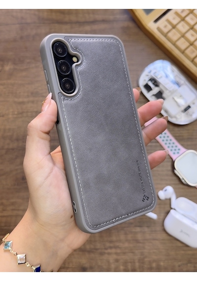 Samsung Galaxy A25 Uyumlu Premium Deri Dokulu Darbelere Karşı Dayanıklı Nazal Silikon Kılıf Gri