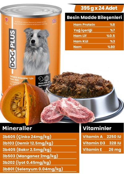 DogPlus Pate Kuzu Etli ve Balkabaklı Yetişkin Köpek Konserve Yaş Mama 395 Gr x 24 Adet