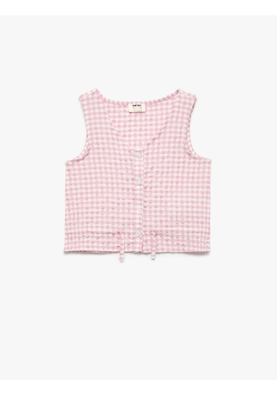 Koton V Yaka Düğmeli Kolsuz Pötikare Bluz Pembe Ekose 5skg60209aw Pembe Ekoseli