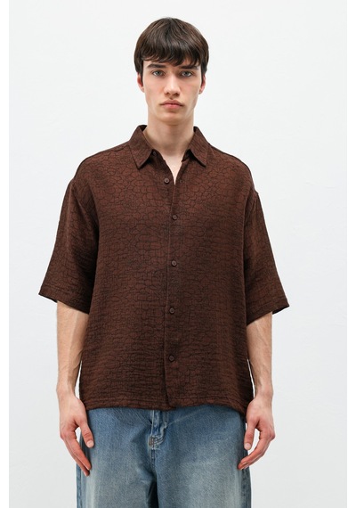Vamos Oversize Desenli Kısa Kollu Gömlek Kahve