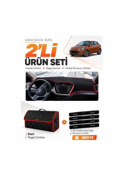 Hyundai İ20 2014-2020 Uyumlu Torpido Örtüsü + Deri Bagaj Çantası + Sticker Seti - Siyah Kırmızı