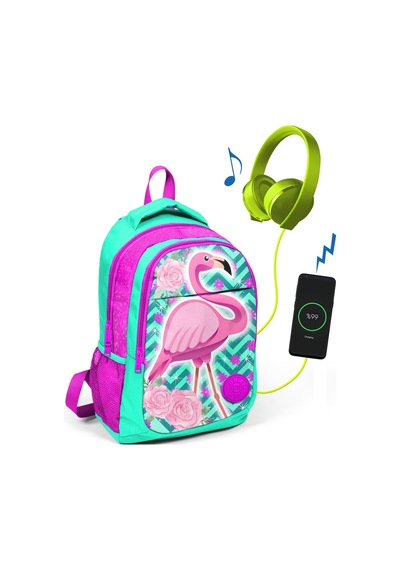 Coral High Kids Su Yeşili Flamingolu Üç Bölmeli Usb Şarjlı Kulaklıkk Çıkışlı Sırt Çantası
