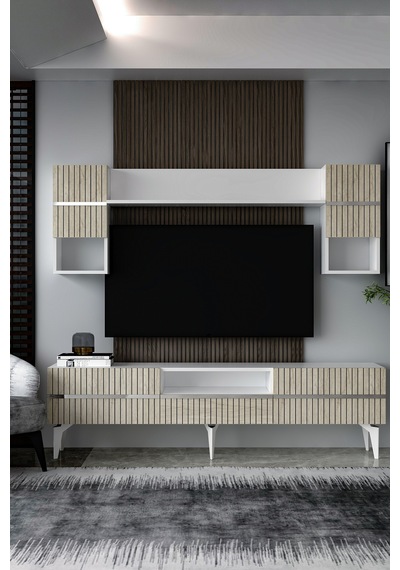 180dhdtüç5btg Tedy Lazer Pleksi Desenli Tv Ünitesi Takımı Beyaz-traverten-gümüş