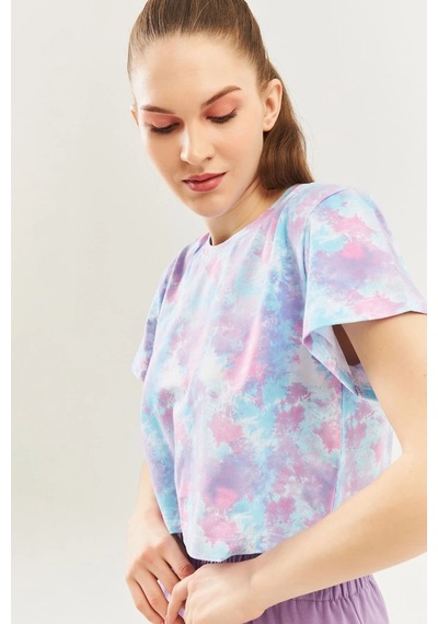Kadın Rahat %100 Pamuklu Penye Bisiklet Yaka Kısa Kol Basic Crop T-shirt Batik Aqua