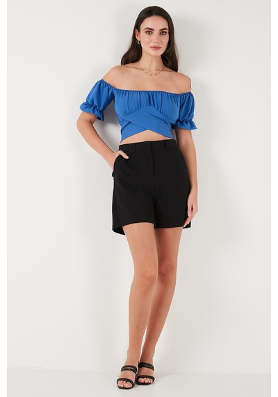 Lela Regular Fit Madonna Yaka Bağlama Detaylı Crop Bayan Bluz 6527017 Mavi