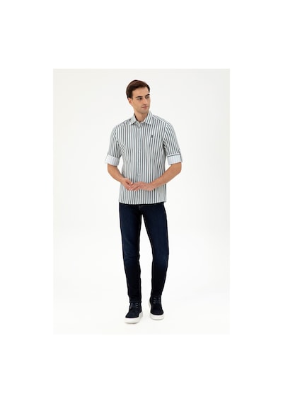 U.S. Polo Assn. Erkek Koyu Yeşil Çizgili Beyaz Gömlek 50296599-VR079