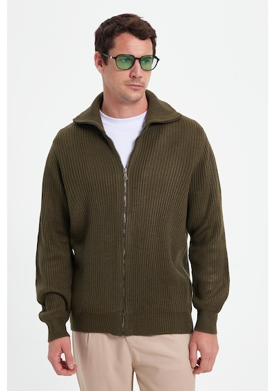 Tudors Erkek Slim Fit Dik Yaka Fermuarlı Haki Düz Hırka-42317 Haki